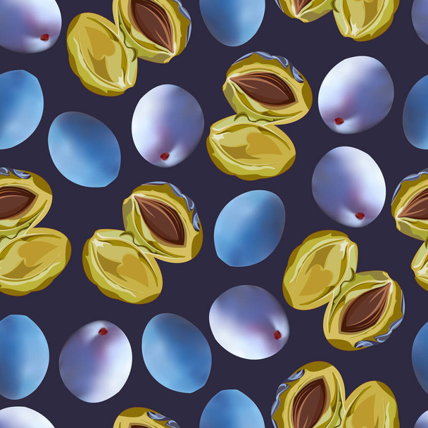   seamless pattern with ripe plums on a blue background - Vector, Image