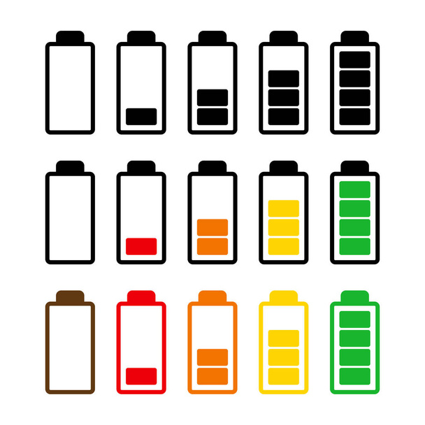 Akkumulátor töltöttségi szint ikonkészlet. A mobiltelefon akkumulátor teljesítménymutatójának szimbóluma. Egyszerű lapos kialakítás. Fehér alapon izolált vektorillusztráció.  - Vektor, kép