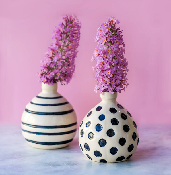 Beautiful Pink Flowers in Small White Vases with Black Dots on a Pink Background .Home Decoration - Foto, Bild