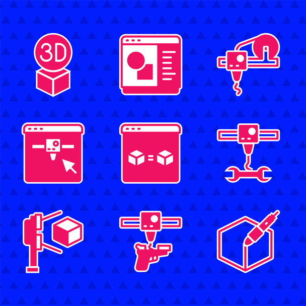 Set 3D printer perfect copy, gun, 3d pen tool, wrench spanner, scanner with cube, setting, and Isometric icon. Vector - Vector, Image