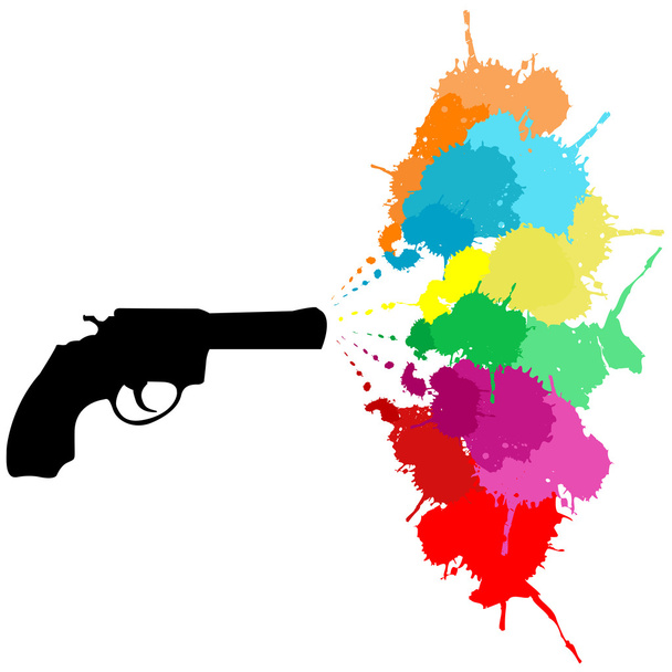 Black revolver with colored paint splashes - Foto, Bild