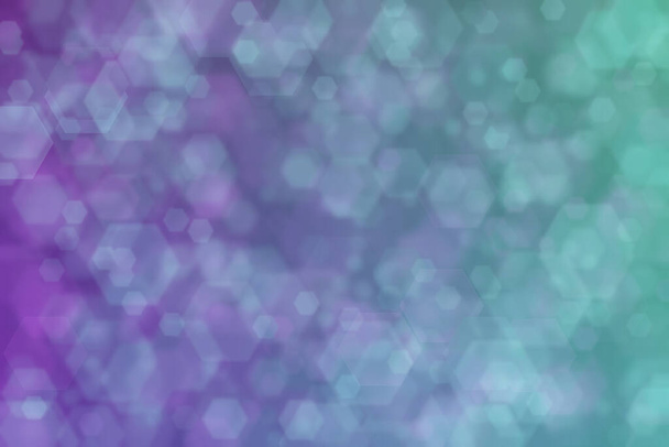 purple and green abstract defocused background with hexagon shape bokeh spots - Photo, Image