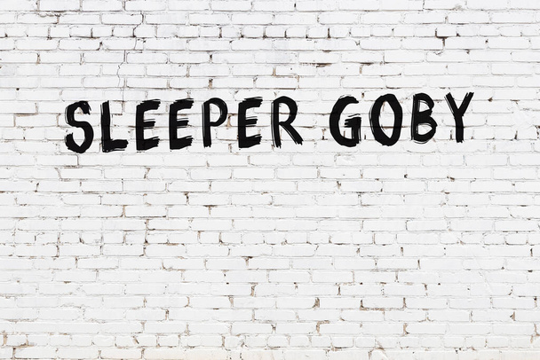 Valkoinen tiili seinään kirjoitus nukkuja Goby käsin kirjoitettu musta maali - Valokuva, kuva