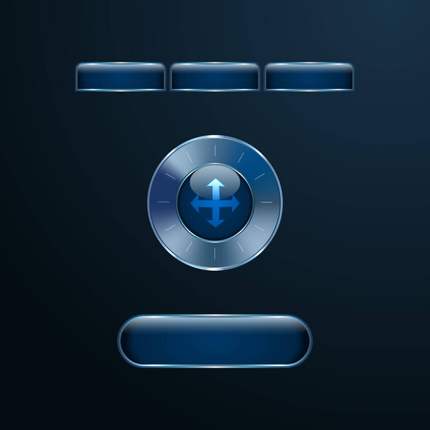 Boutons d'interface utilisateur futuristes en verre bleu, onglets et bouton de commande rond avec cadres métalliques chromés sur fond bleu foncé. Illustration vectorielle - Vecteur, image