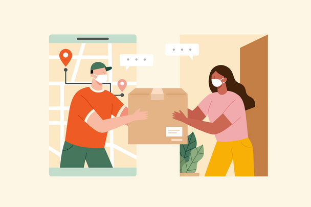 Flat illustration of courier from mobile phone screen handing parcel to a female customer at home. Both wearing face masks. - Вектор,изображение