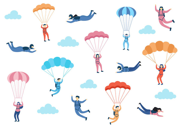Skydive é um tipo de esporte de recreação de atividade ao ar livre usando paraquedas e salto alto no ar do céu. Desenhos animados bonito fundo Vector Ilustração - Vetor, Imagem