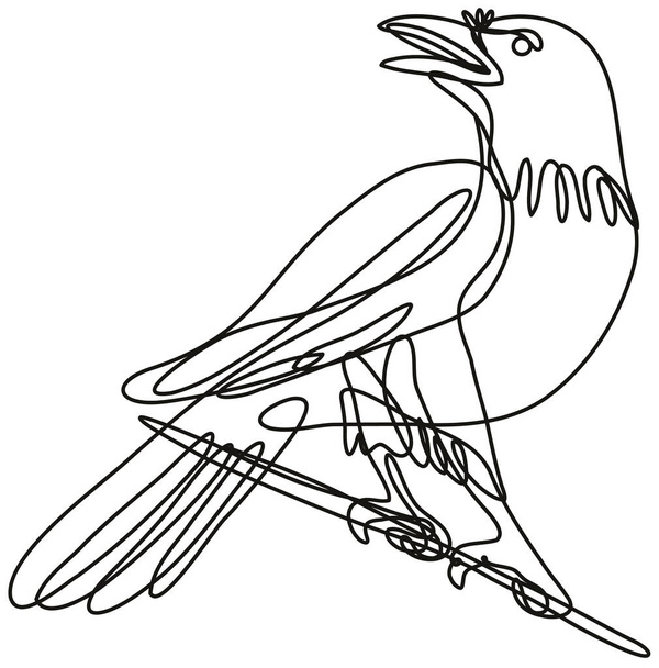 Непрерывный рисунок линии, изображающей обычного ворона, сидящего на ветке, выполненный в монолинейном стиле или в черно-белом на изолированном фоне.  - Вектор,изображение