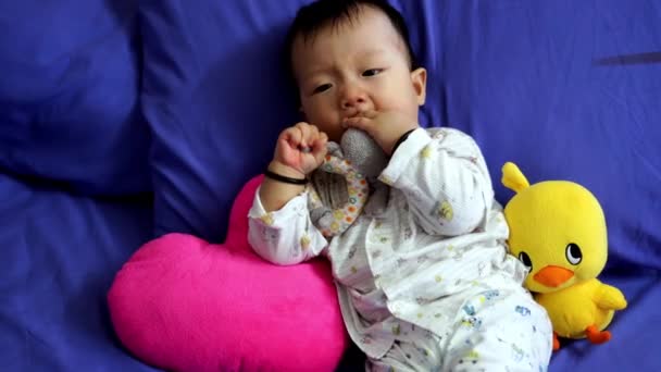 Çinli bebek fare çıngırak oyuncağını kapıp çiğniyor. - Video, Çekim