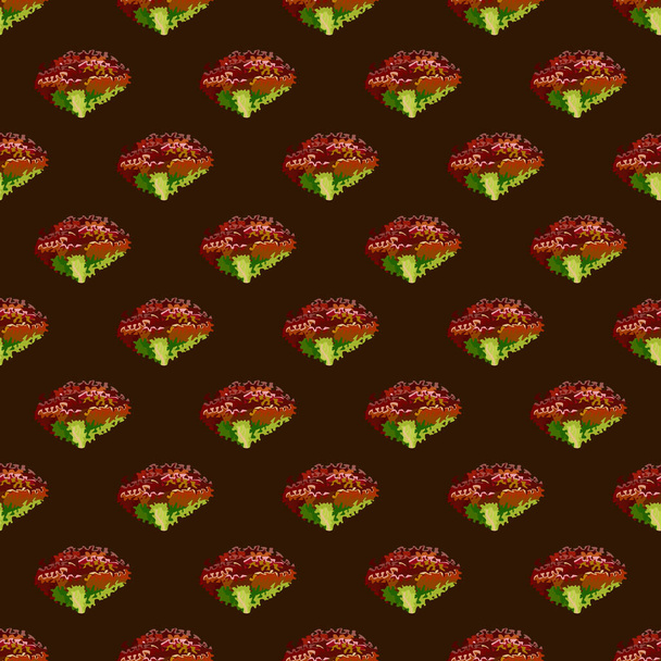 Nahtloses Muster Lola Rosa Salat auf braunem Hintergrund. Einfache Zierde mit Salat. Geometrische Pflanzenschablone für Stoff. Designvektorillustration. - Vektor, Bild