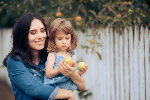 Mom and Daughter Picking Apples in Autumn Season - Photo, image