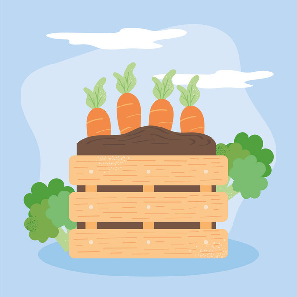 деревянная корзина и морковь - Вектор,изображение