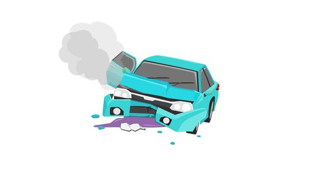Cartoon Unfallbild eines Personenwagens. Die Motorhaube wurde geöffnet und die Front schwer beschädigt. Aus dem Motor quoll Rauch an der Front. Darunter lief Öl aus. - Vektor, Bild