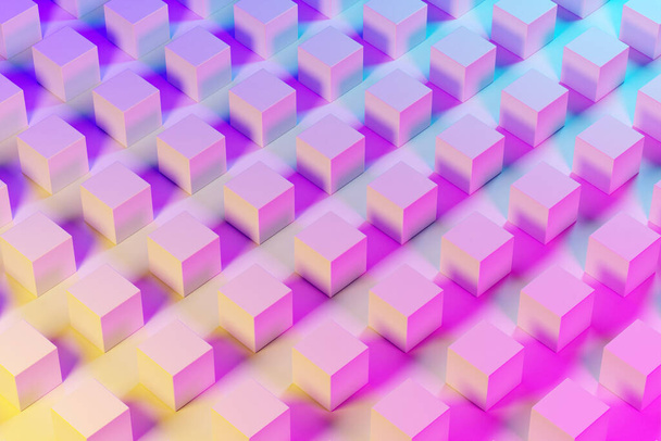 Ilustração 3d de linhas de cubo rosado.Conjunto de quadrados em fundo monocromático, padrão. Contexto geométrico - Foto, Imagem