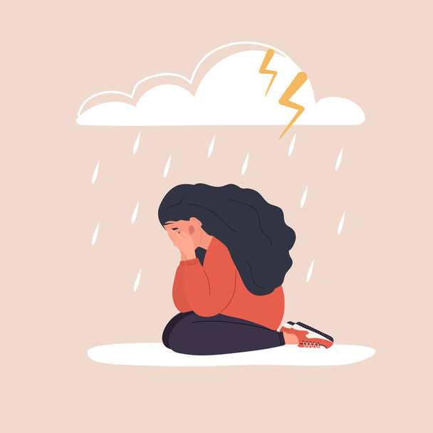 悲しい女性は雨の雲の下に座っている。落ち込んだ10代の泣き。気分障害の概念。不幸な少女には心理的な助けが必要だ。漫画風のベクトルイラスト - ベクター画像