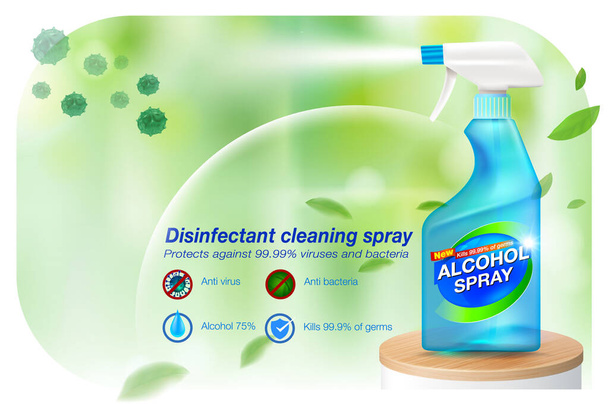 Ads Disinfectant cleaning spray hand sanitizer spray 75% alcohol components, kill up to 99.99% of covid-19 viruses, bacteria and germs on a blurred light green background. Realistic file. - Vector, Image