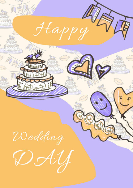 Template Postcard Backgrounds for Wedding celebration in line art style on Yellow purple Background with cakes, flags and lips. doodle drawn with felt pen. Colorful cake, heart symbol and balloons of - 写真・画像