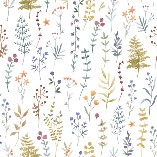 Beautiful floral seamless pattern with cute watercolor hand drawn wild flowers. Stock illustration. - Foto, imagen