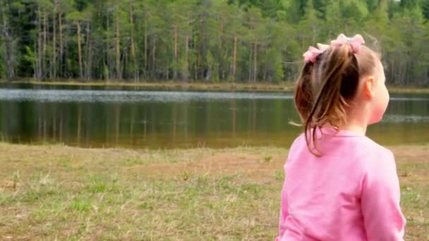 Portré egy játékos 3 éves lányról, rózsaszín pulóverben, két lófarokkal, kint játszik a természetben. Boldog gyermekkori koncepció, gyermekfejlődés - Felvétel, videó