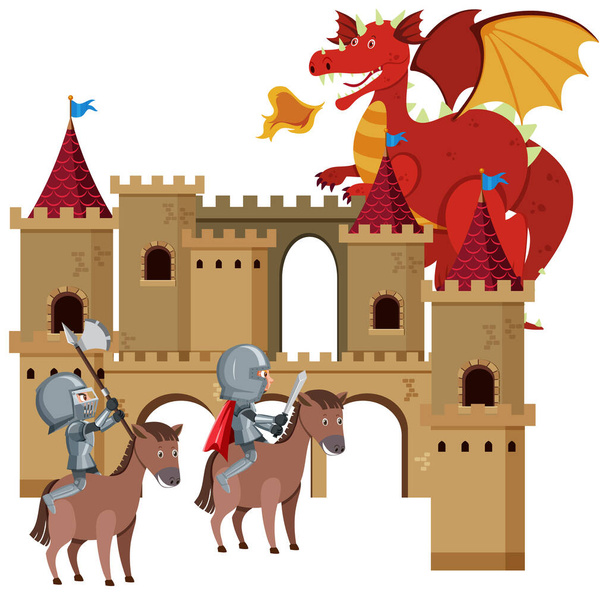 Ridders vechten met draak op het kasteel illustratie - Vector, afbeelding