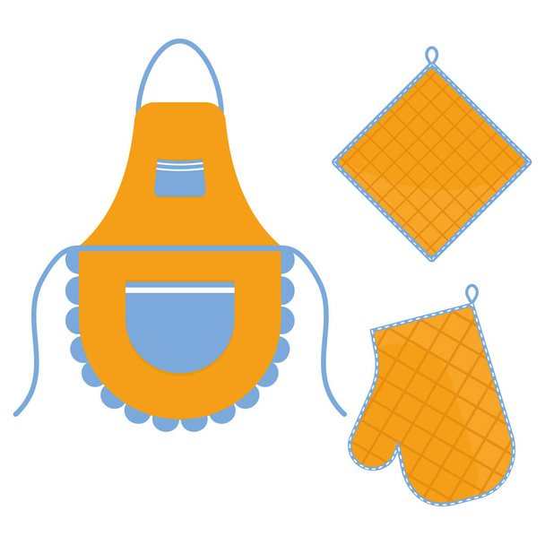 Oven mitt and oven mitt and apron hanging on the rack on hooks, color isolated vector illustration in the flat style - Vector, Image