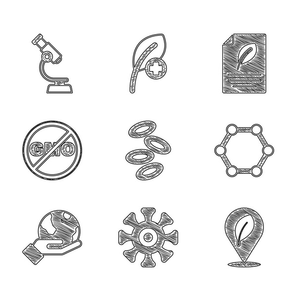 Set Hemoglobina, Bacterias, Ubicación con hoja, Molécula, Mano sosteniendo globo terráqueo, Sin OGM, Papel ecológico y Microscopio icono. Vector - Vector, Imagen