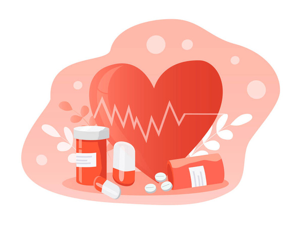  vector illustration on the theme of cardiology, heart health. big heart, cardiogram, tablets and pills. trend illustration in flat style - Vector, Imagen