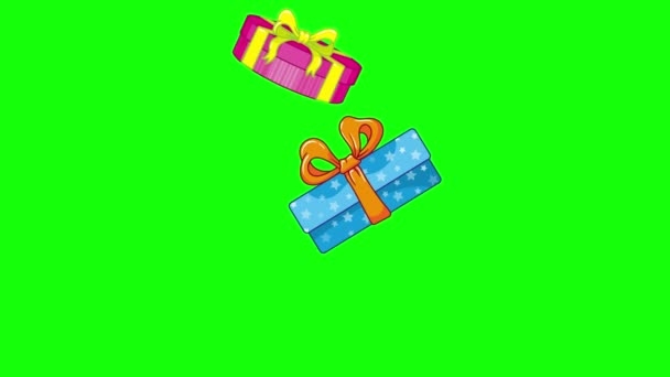 Many gifts fall to the bottom. Bright gift boxes with ribbons fall from top to bottom in a large pile. Cartoon on a colored key green screen for Big win, big sale, Black Friday - Footage, Video
