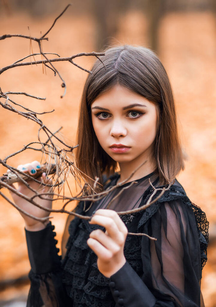 Portrait of a girl in a black dress in an autumn forest. A young witch.. - Foto, immagini