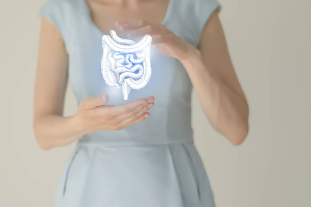 Unrecognizable female patient in blue clothes, highlighted handrawn intestine in hands. Human digestive system issues concept. - Foto, afbeelding