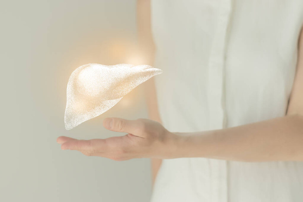 Paciente femenina irreconocible vestida de blanco, destacada hígado hecho a mano en las manos. Sistema digestivo humano emite concepto. - Foto, imagen