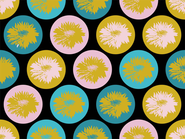 Colored Geometric Seamless Pattern with repeated Silhouettes of Chrysanthemum. - Вектор,изображение