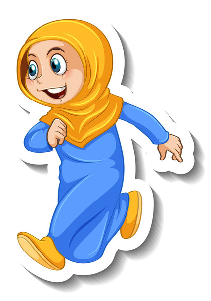 Sticker template with a muslim girl cartoon character isolated illustration - Vector, Image