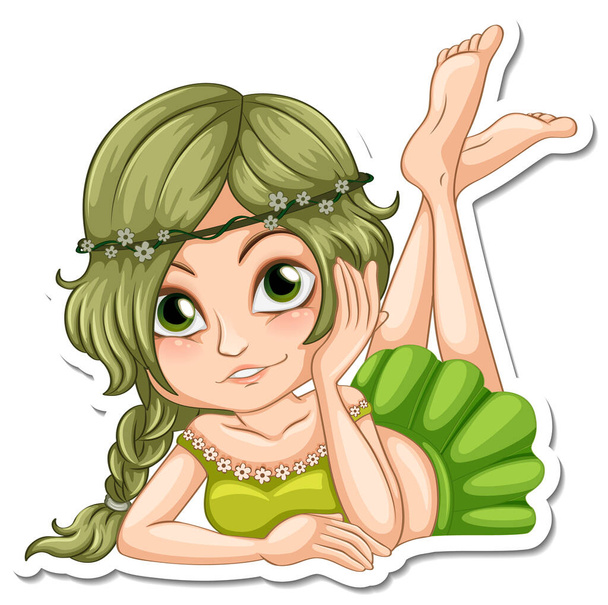 Όμορφη νεράιδα στο πράσινο φόρεμα εικονογράφηση αυτοκόλλητο χαρακτήρα κινουμένων σχεδίων - Διάνυσμα, εικόνα