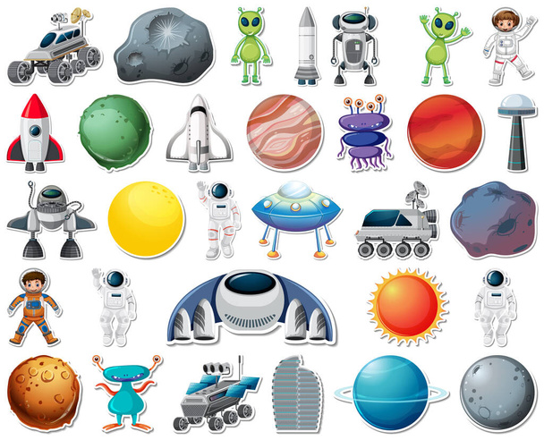 Set di adesivi con oggetti del sistema solare illustrazione isolata - Vettoriali, immagini