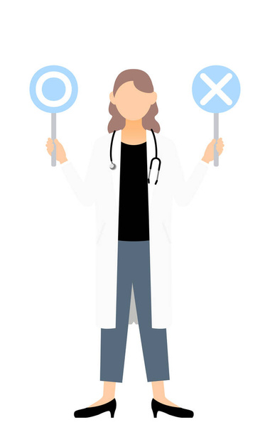Ženský doktor v bílém plášti drží přeškrtnutou hůl v póze odpovídající odpovědi - Vektor, obrázek