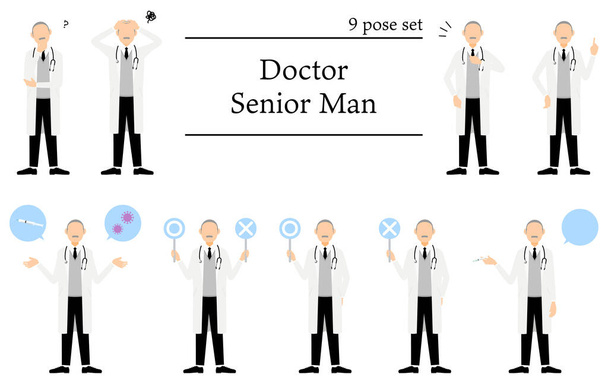 Pose ensemble de médecin masculin senior en manteau blanc, interrogatoire, perplexe, pointage, injection, etc.. - Vecteur, image