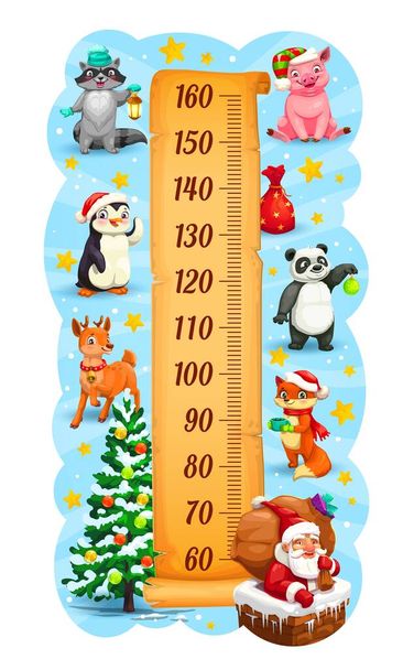 Tabla de altura para niños con símbolos navideños y navideños. Medidor de crecimiento de vectores para niños con animales de dibujos animados lindos, juguetes decorados Árbol de Navidad y Santa Claus con saco de gits en la chimenea - Vector, imagen