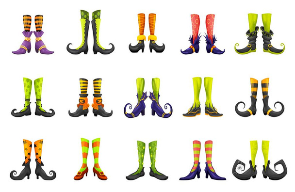Cartoon legs of fairy witch sorceress or elf and enchantress, vector gnome boots. Halloween witch legs in striped stockings and shoes with buckles, fairy hag or hex sorceress magic boots - Vector, Image