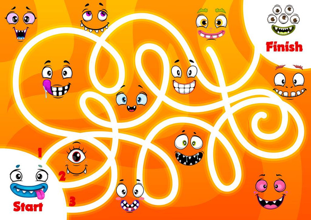 Jogo de labirinto infantil com rostos de monstros engraçados. Crianças encontrar atividade caminho, crianças pesquisa forma modelo de vetor de jogo com desenhos animados sorrindo monstros halloween, criaturas bonitos dentes maws e olhos - Vetor, Imagem