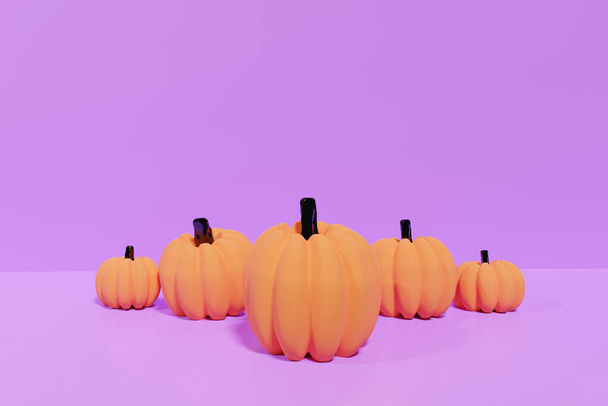 Rendering 3d di zucche color arancio su sfondo viola pastello - Foto, immagini