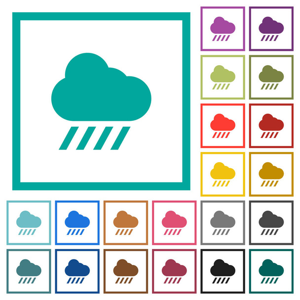 Regenguss Wetter flache Farbsymbole mit Quadrantenrahmen auf weißem Hintergrund - Vektor, Bild