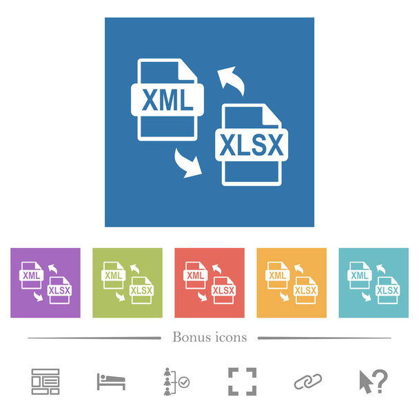 Conversión de archivos XML XLSX flat white icons in square backgrounds. 6 iconos de bonificación incluidos. - Vector, Imagen