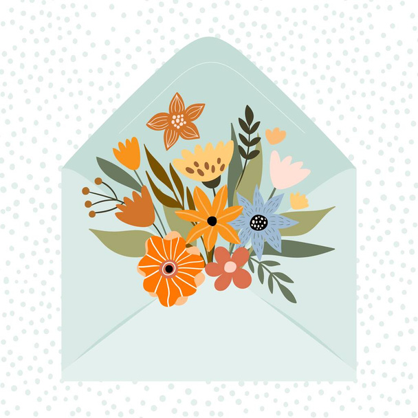 Bouquet of autumn flowers inside the envelope, decorative vector design  - Vector, Image
