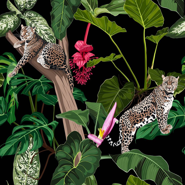 Ağaçta uyuyan kaplan leoparı ve egzotik tropikal yaprakların olduğu renkli çiçek desenli bir gece deseni. Siyah arkaplanda moda süsü. - Vektör, Görsel