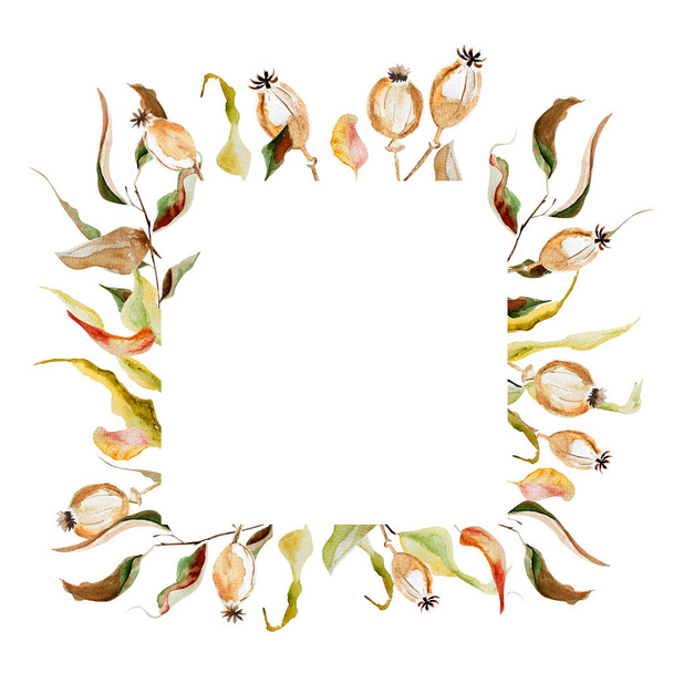 Square dry twigs watercolor card frame. Template for decorating designs and illustrations. - Photo, Image