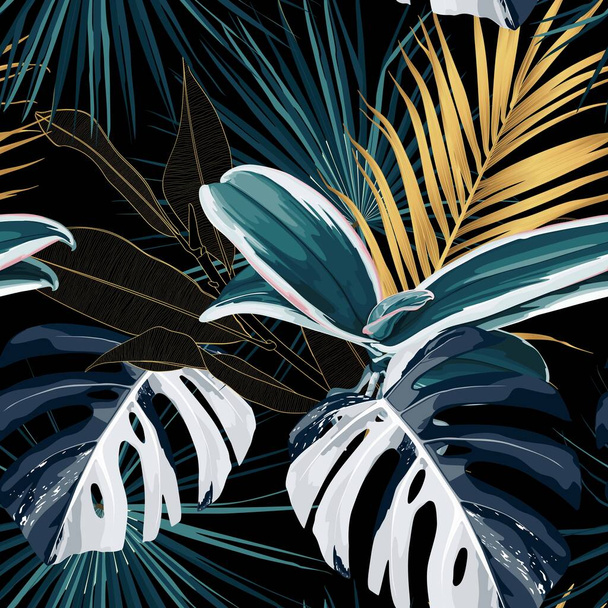 Tropische nacht vintage palm, banaan, plant, gouden bladeren, bloemen naadloze rand zwarte achtergrond. Exotische donkere jungle behang. - Vector, afbeelding