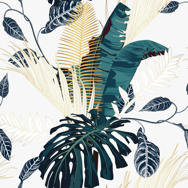 Tropical night vintage palm, banana, plant, golden leaves, floral seamless border white background. Exotic dark jungle wallpaper. - Vector, imagen