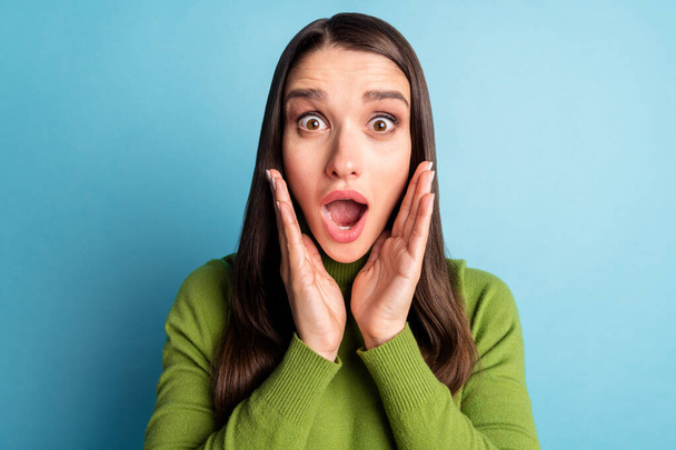 Portrait of attractive amazed funky girl grimacing great sudden news reaction isolated over bright blue color background - Photo, image