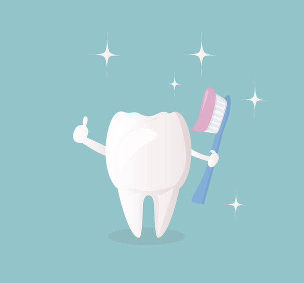 Carino personaggio divertente - dente sano bianco, che tiene uno spazzolino da denti con pasta. È importante lavarsi i denti ogni giorno.. - Vettoriali, immagini