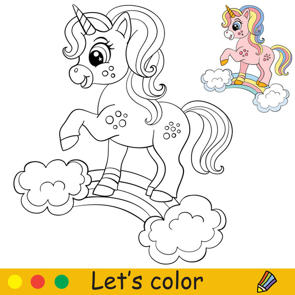 Lindo unicornio está parado en un arco iris. Libro para colorear página para niños. Ilustración de dibujos animados vectoriales. Para colorear libro, educación, imprimir, juego, decoración, rompecabezas, diseño - Vector, Imagen